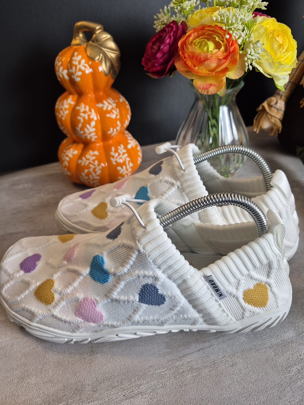 Nimbao! Womens! Barefoot White Slip-On Shoes! with Colorful Hearts.Size11